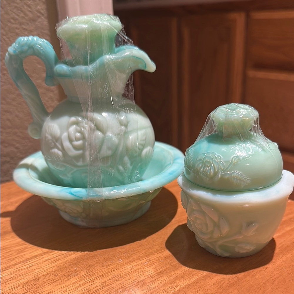 Vintage Avon 1970s jadeite Glass Pitcher and powder sachet set